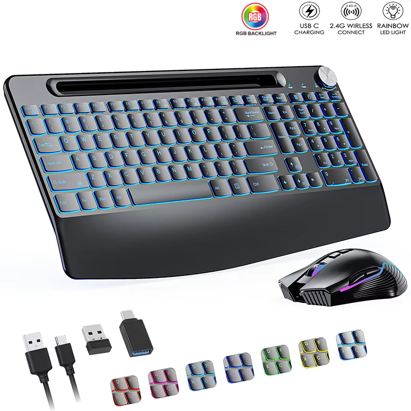 Gaming Keyboard Mouse Wireless - 2.4G และ Type-C คีย์บอร์ดไร้สายเมาส์ Combo พร้อมสายรัดข้อมือ,RGB