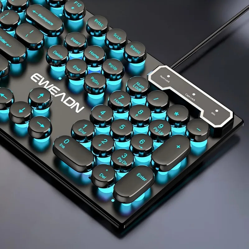 Gaming Keyboard Wireless - ชุดคีย์บอร์ดและเมาส์สไตล์เรโทรพังก์ ดีไซน์แบบกลไก ใช้ได้ทั้งแบบมีสายและไร้สาย ไฟ RGB สำหรับเล่นเกมและทำงาน