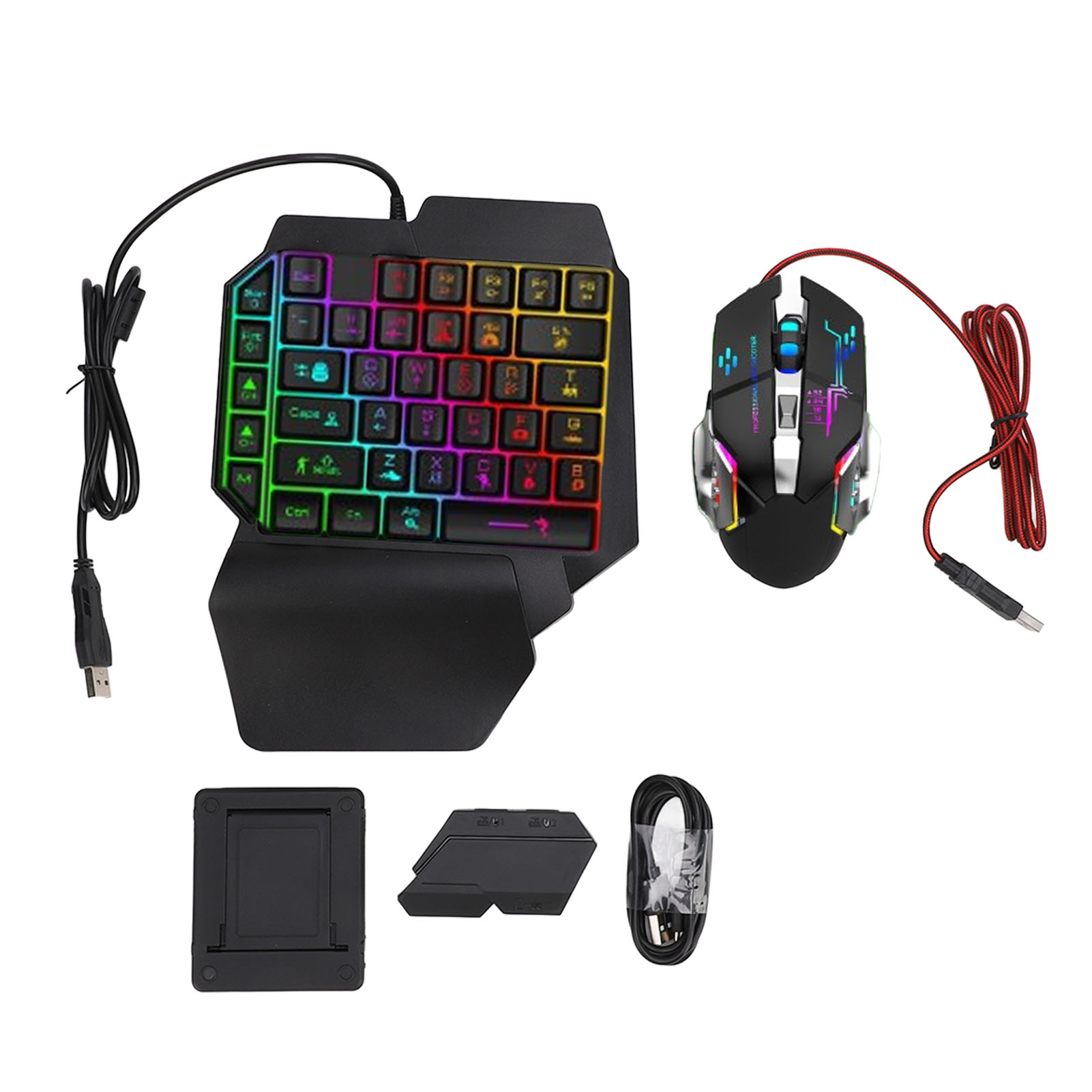 Gaming Keyboard And Mouse Set - ชุดแปลงเมาส์คีย์บอร์ด ชุดคีย์บอร์ดเมาส์แบบมือเดียวที่ตอบสนองได้รวดเร็ว ชาร์จ 5V 2A พร้อมที่วางโทรศัพท์แบบปรับได้สำหรับเล่นเกม