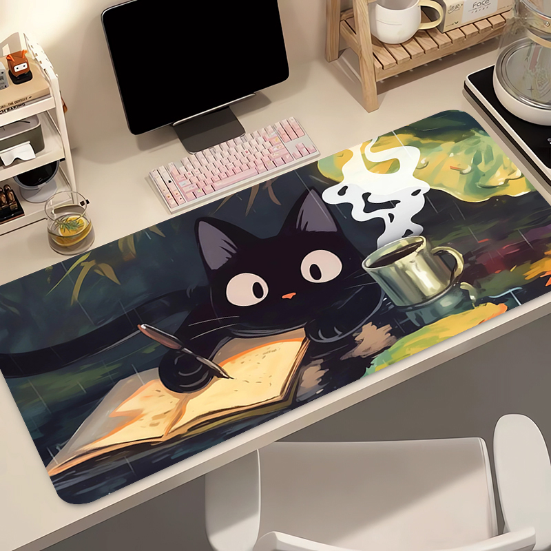 Gaming Keyboard Nearby - แผ่นรองเมาส์ซิลิโคนลายแมวดำน่ารัก แผ่นรองคีย์บอร์ดขนาดใหญ่ แผ่นรองเมาส์ลายภูมิประเทศสำหรับคีย์บอร์ด พร้อมแผ่นรองกันลื่น